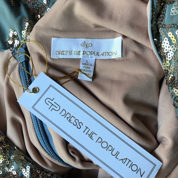 Dress the Population Lola Mini Dress Size L Grey/Green Gold Sequin NWT Mermaid - Picture 14 of 16